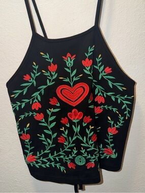 Herencia Clothing Black Embroidered Heart Floral Halter Top